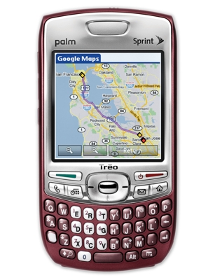 a burgandy and silver phone with Keyboard and color screen showing an early version of Google Maps