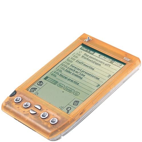 Handspring Visor running Palm OS; the case is translucent orange and translucent white